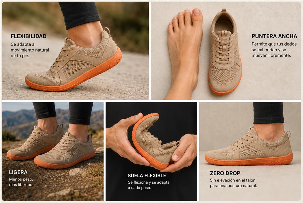 Detalles de diseño Aconcagua: flexibilidad, puntera ancha, peso liviano, suela flexible y zero drop